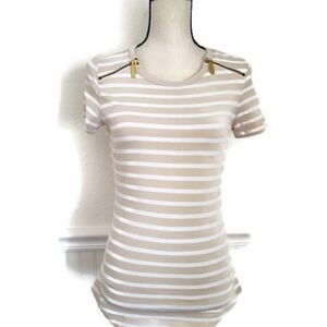 Michael Kors Tan And White Tee Gold Tone Zippers NWOT Size Small